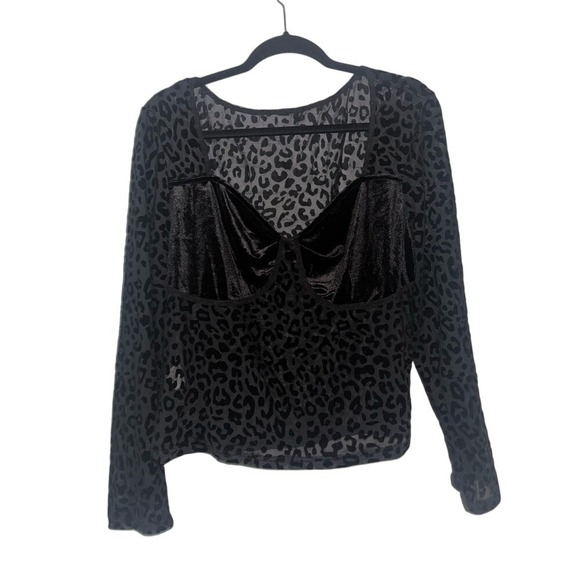 Leopard Print Velvet Bustier Bodysuit Long Sleeve Square Neck Sexy Top - Picture 2 of 5